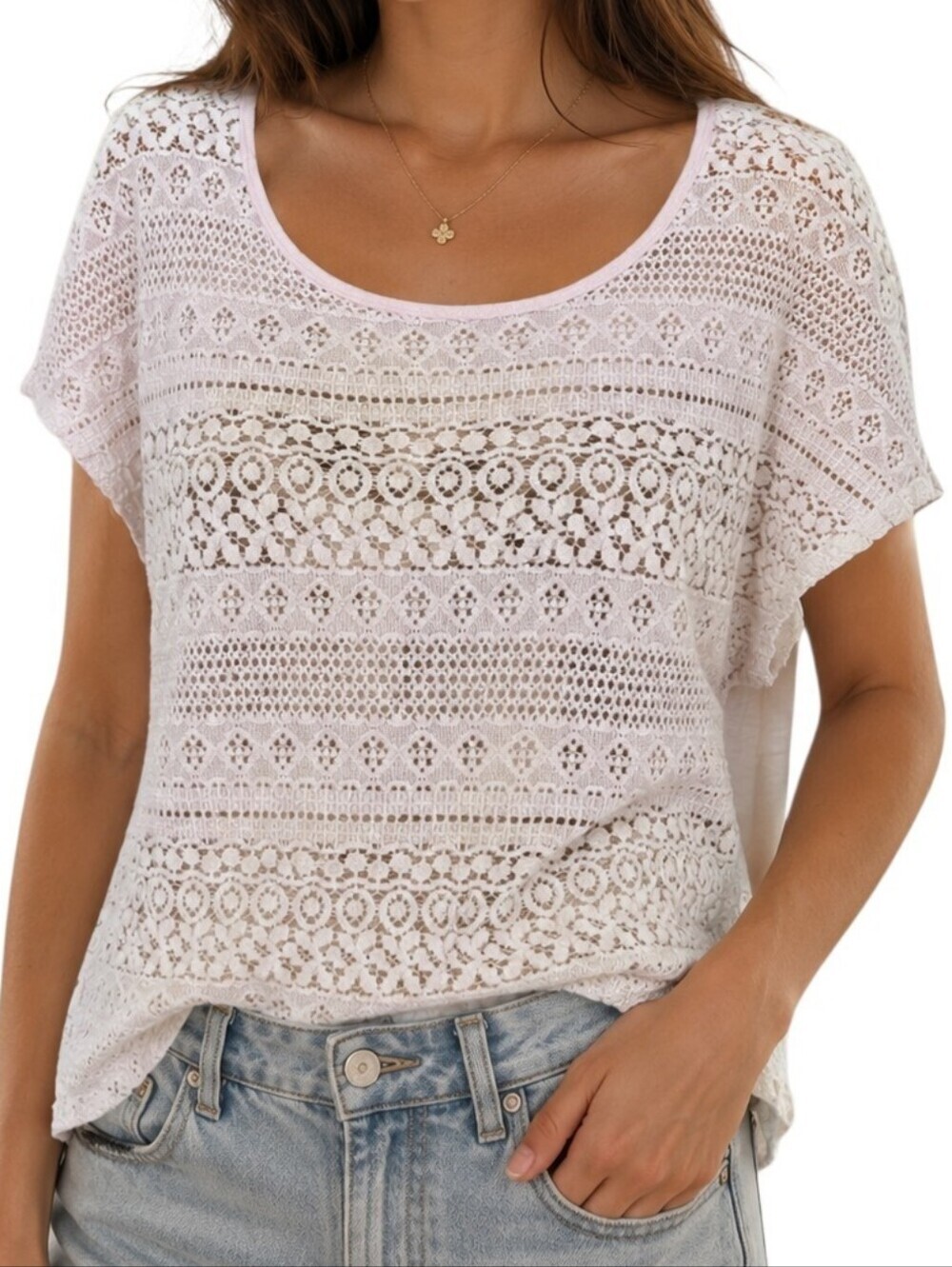 Aerie Crochet Tee Women Large Cream Cotton